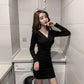 V-neck Sexy Long-sleeved Dress Autumn and Winter Mid-length Slim-fit Sweater