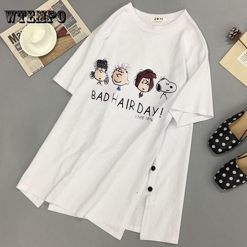 WTEMPO Plus size Print Long T shirts Summer Women Loose Slit Femme Tshirt Short sleeve Ladies t-shir