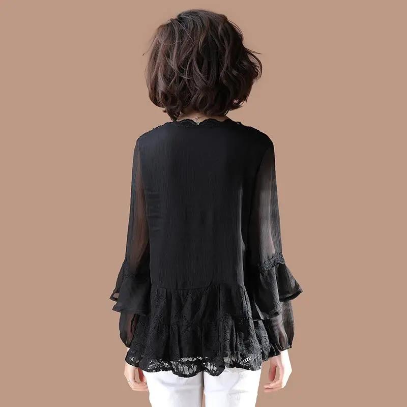 Ladies Long Sleeve Round Collar Hollow Out Flower Lace Patchwork TShirt All-match Women Blouse Chic Top Pullover