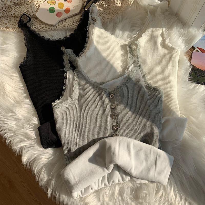 Inner Wear for Women Velvet Vest Sexy Winter Thermals Sleeveless Body Tops Solid Slim Lace Side V Neck Thermal Underwear Black