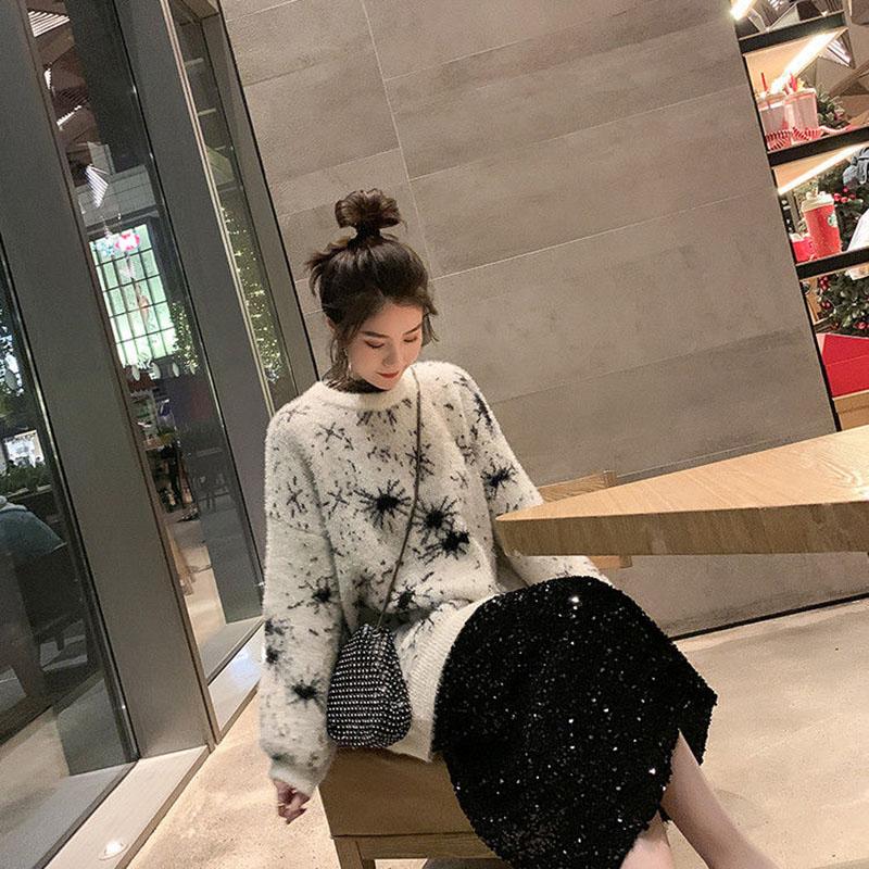 Autumn and Winter Fashion All-match Sweater Pullover Loose Shiny Silk Top Mid-length Snowflake Pattern Female Sweater
