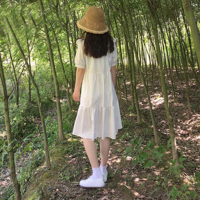White Cute Sweet Well-behaved Girl Solid Color Bow Ruffle Mid-length A-shaped Skirt Looser  Short Sleeve Dress