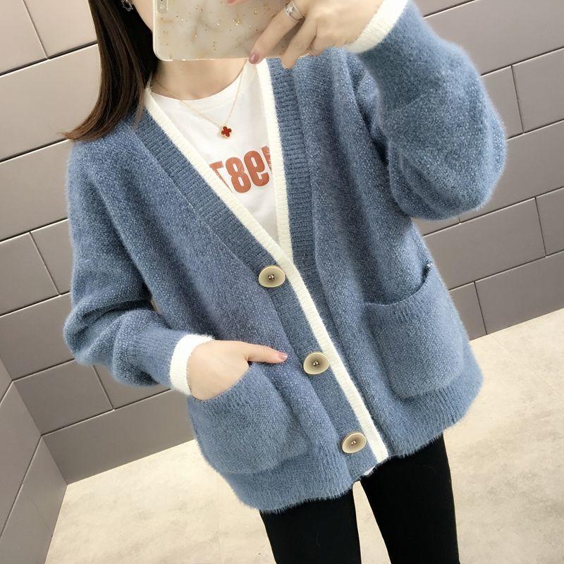 Autumn and Winter Mohair Loose Sweater Casual Knitted Cardigan Jacket Simple Thread Female Jacket