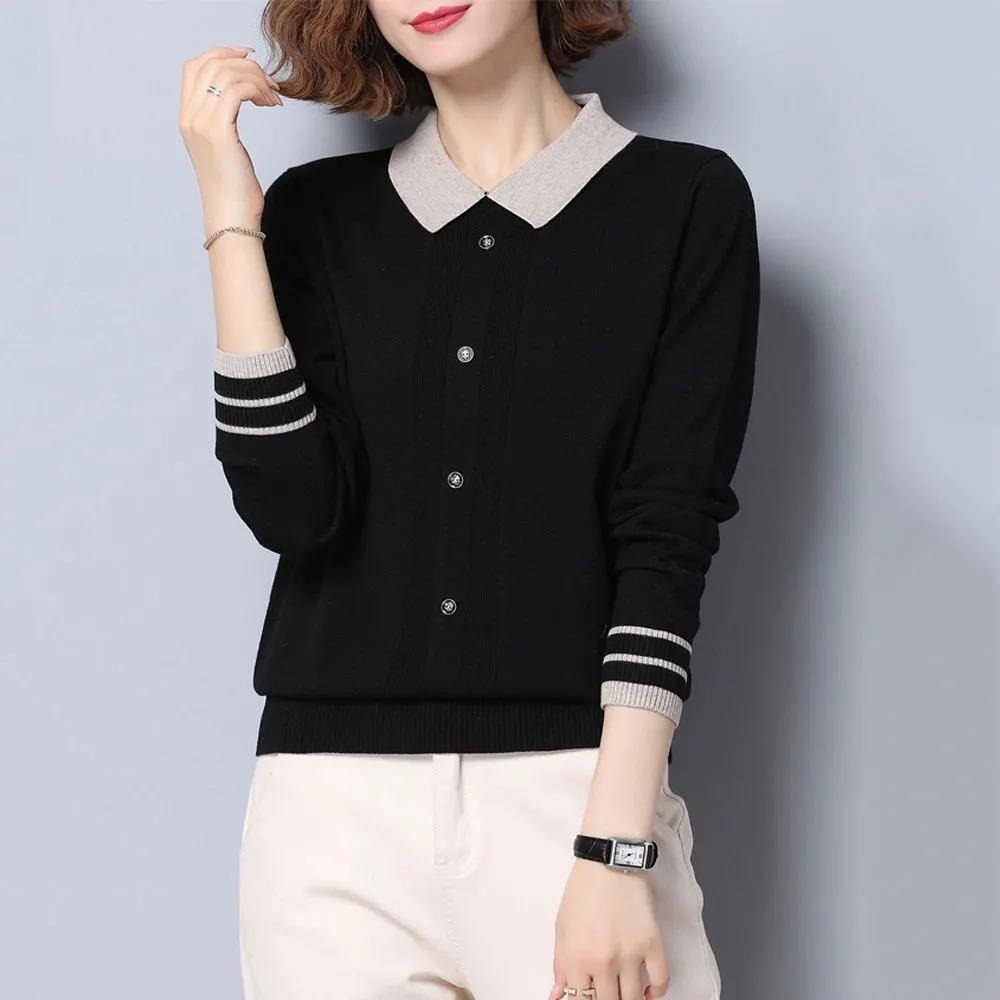 Women's Lapel Knit Sweater Fashion Button Solid Color Pullover Thickened Warm Plus Size Sweater