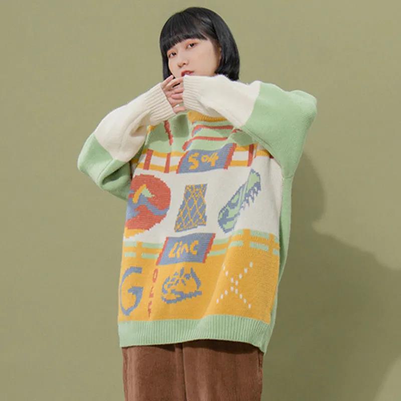Japanese Retro Hong Kong Style Student Sweater Men's Autumn and Winter Wear Loose and Lazy Women's Forest Color-blocking Round Neck Sweater