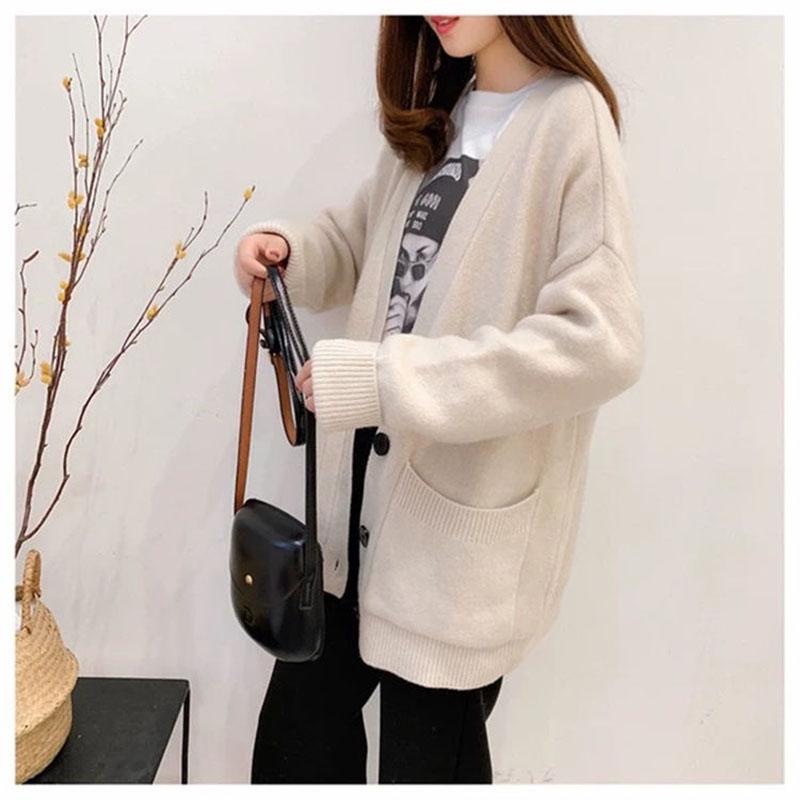 Women's Sweater Coat Loose V-neck Long-sleeved Cardigan Solid Color Sweater with Buttons