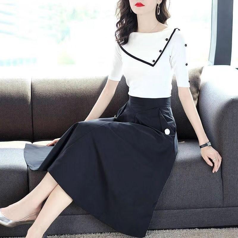 Summer Slim Knit Sweater + Self-cultivation Waist Reduction Suit Skirt Two-piece Suit Temperament Elegant Skirt Suit Black and White Suit