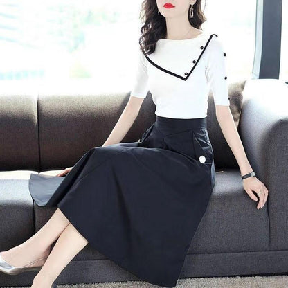 Summer Slim Knit Sweater + Self-cultivation Waist Reduction Suit Skirt Two-piece Suit Temperament Elegant Skirt Suit Black and White Suit