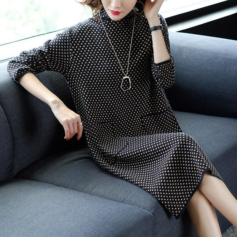 Autumn Winter Loose Knit Dress Female Long Plus Size Sweater Dress Turtleneck  Pullover Sweater Dress with Pockets