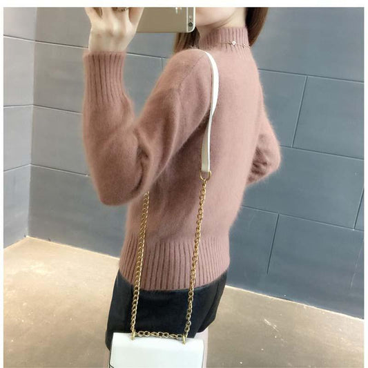 Mohair Half Turtleneck Sweater Short Loose Knit Top Fashion Casual Solid Color Sweater