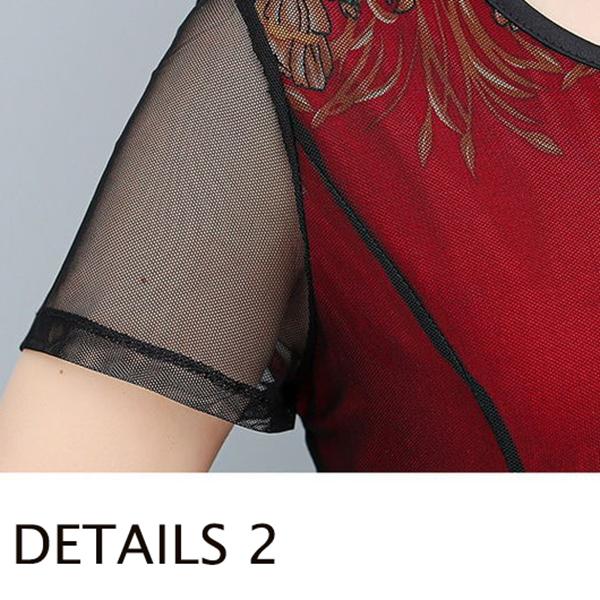 XL-XXXXXL Plus Size  Mid-length Printed Round Neck Thin Chiffon Neck Short Sleeve  Over-the-knee Dress Mom A-line Skirt