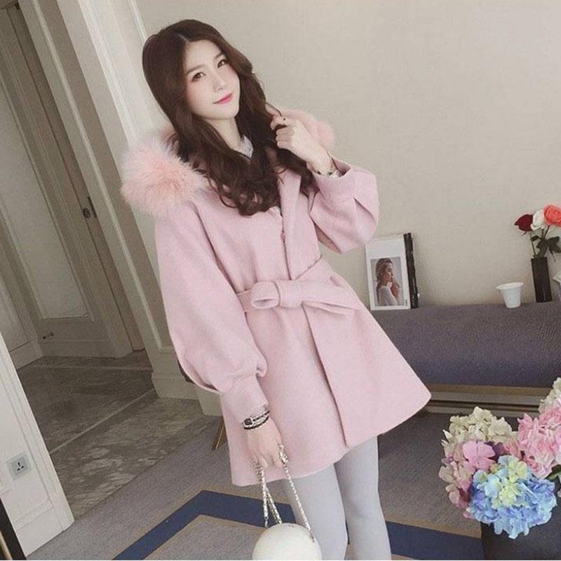 Women's Mid-length Woolen Coat with Waist and Woolen Collar Autumn and Winter Fashion Korean Small Thick Woolen Coat