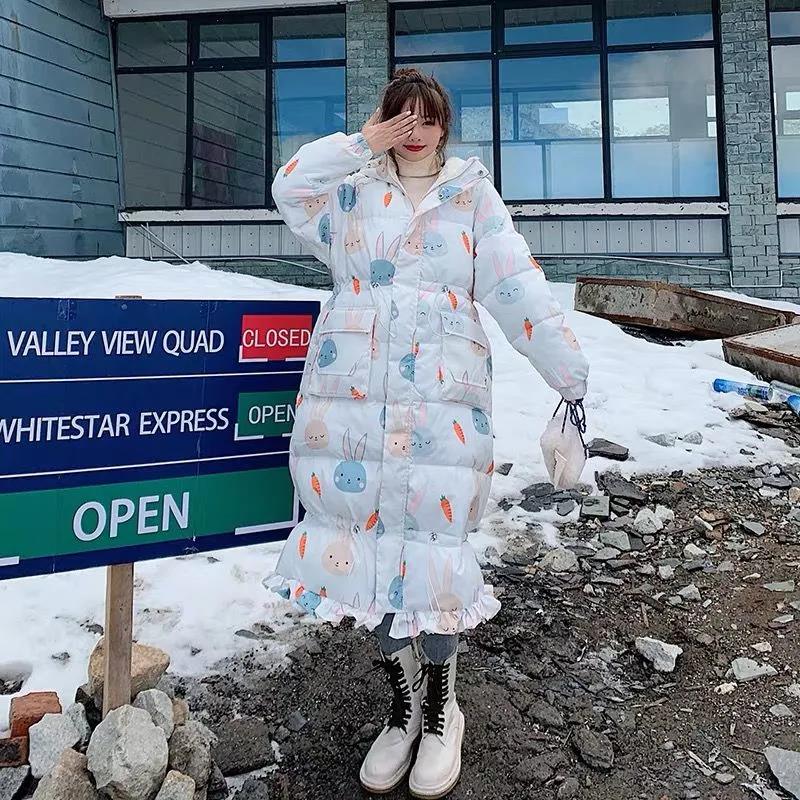 Cute Rabbit Ears Down Padded Jacket Women's Mid-length Thick Fishtail Padded Jacket Korean Style Loose