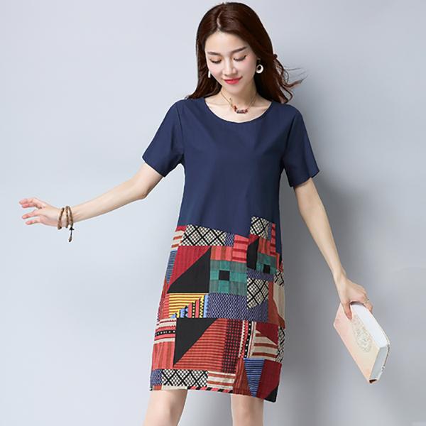 Vintage M-XXXL Summer Cotton and Linen Short-sleeved Knee-length Geometric Splicing Dress