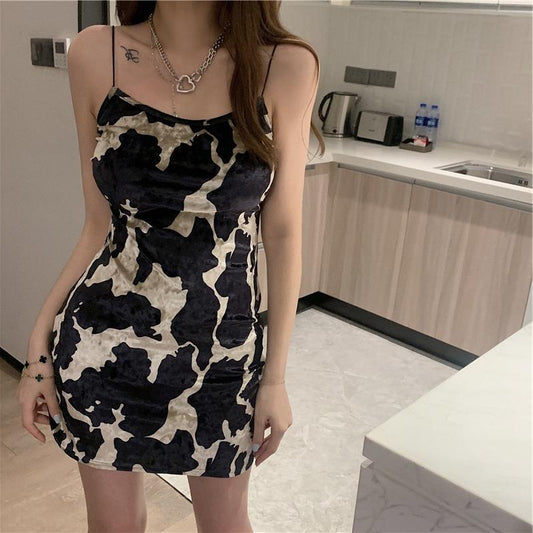 Female Spring and Summer Simple Print Skirt Elegant Slim Short Personalized Cow Pattern Suspender Hip Party Dress