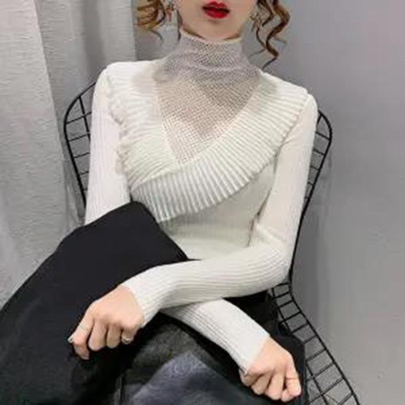 Ruffled Half Turtleneck Sweater Women  Autumn  Winter Wear Lace Style Self-cultivation Hollow Knit Bottoming Shirt Top
