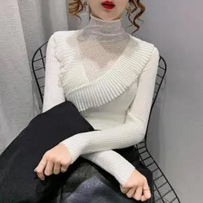 Ruffled Half Turtleneck Sweater Women  Autumn  Winter Wear Lace Style Self-cultivation Hollow Knit Bottoming Shirt Top