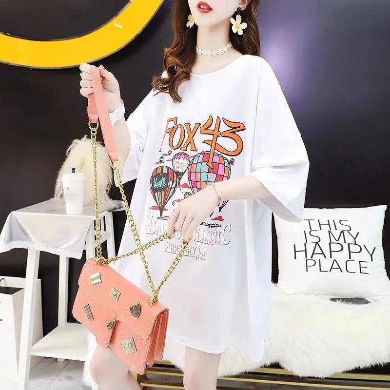 Women's Short-sleeved Short-sleeved Mid-length Loose Round Neck Half-sleeved Tops with Open Back Glittering T-shirts Ladies Casual Loose Long T-shirts