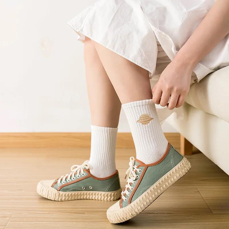 Three Pairs of Women's Tube Socks Trend All-match Cotton Tube Socks Planet Pattern Couple Socks