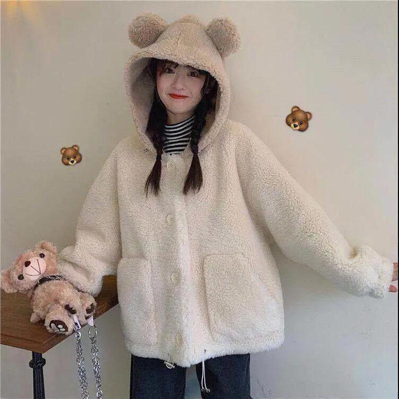 Autumn and Winter Lamb Fur Hooded Jacket Female Students Casual All-match Thickened Polar Fleece Cardigan Cute Rabbit Ears Plush Jacket