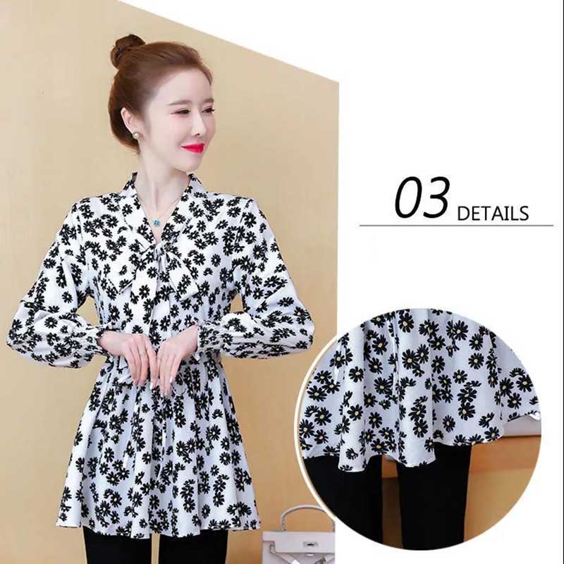 Large Size Chiffon Shirt Women's Spring and Autumn Waist Mid-length Small Daisy Long-sleeved Shirt Top