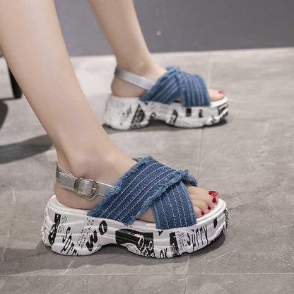 Size35-39 Summer Women Shiny Slippers Outdoor Cross Cowboy High Heels Bohemian Beach Wear-resistant Non-slip Slippers Wedge Platform Sandals