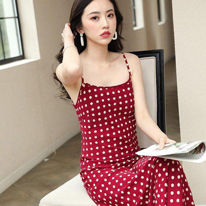 Polka Dot Suspenders Dress Women Summer Long Over The Knee  A-line Skirt