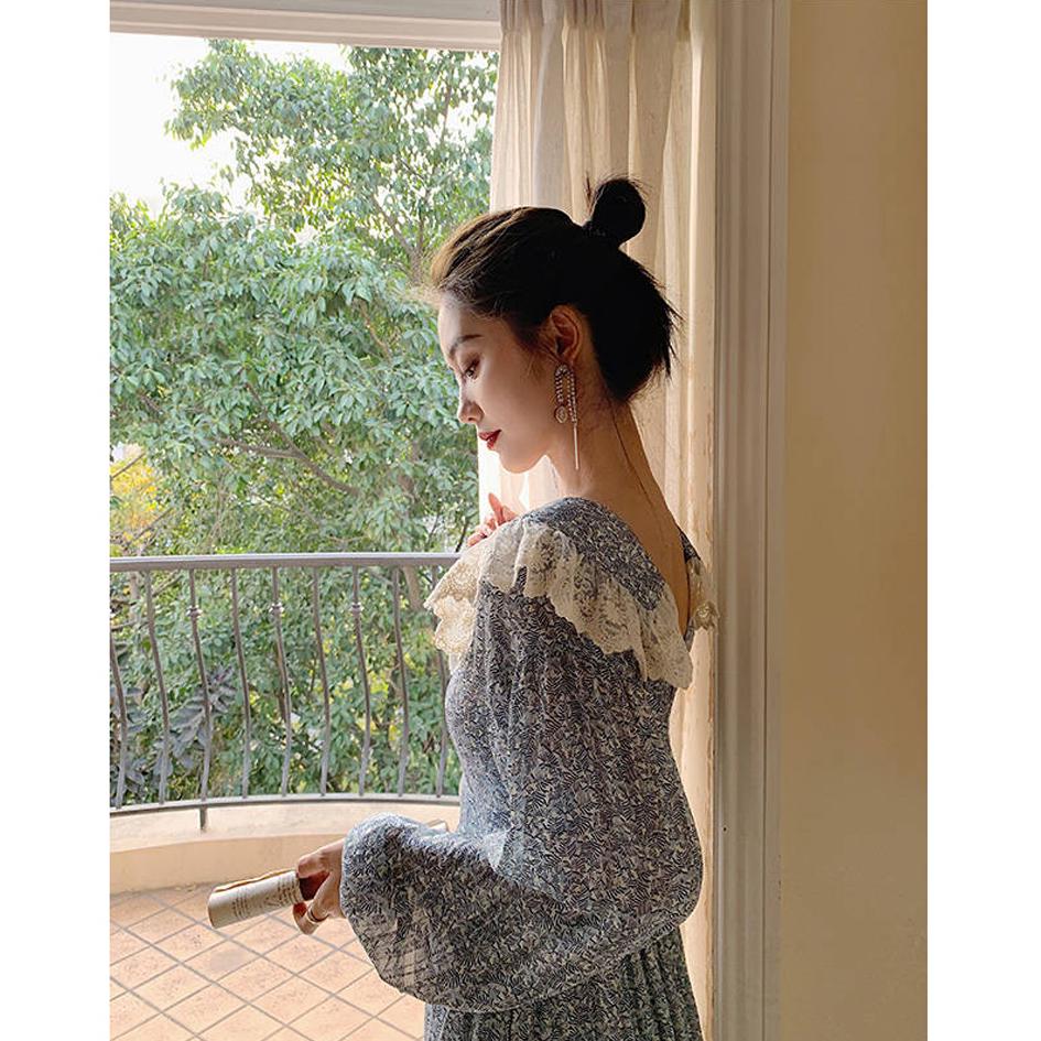 Summer Women Dress for Ladies Long Sleeve Vintage Chiffon Shirt Dress Casual Floral Long Dress