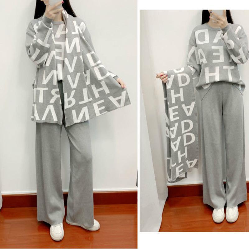 3pcs/set Knit Suit Women's Causul Letters Printed Knitted Sweater + Scarf+Knitted Pants 3 Piece Set Ladies Outfits Autumn Spring