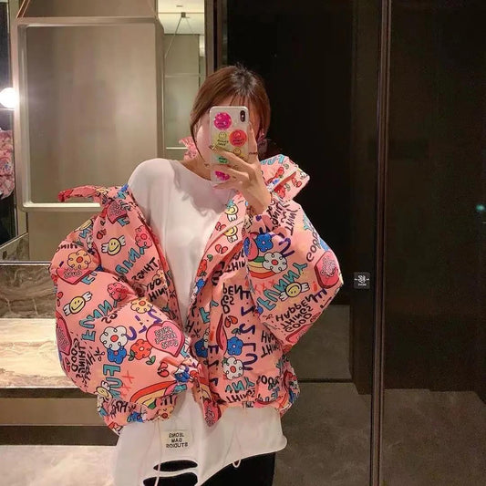 Down Jacket Women Short 2021 New Korean Version of Bread Jacket Small Print Loose Coat Student Jacket Winter