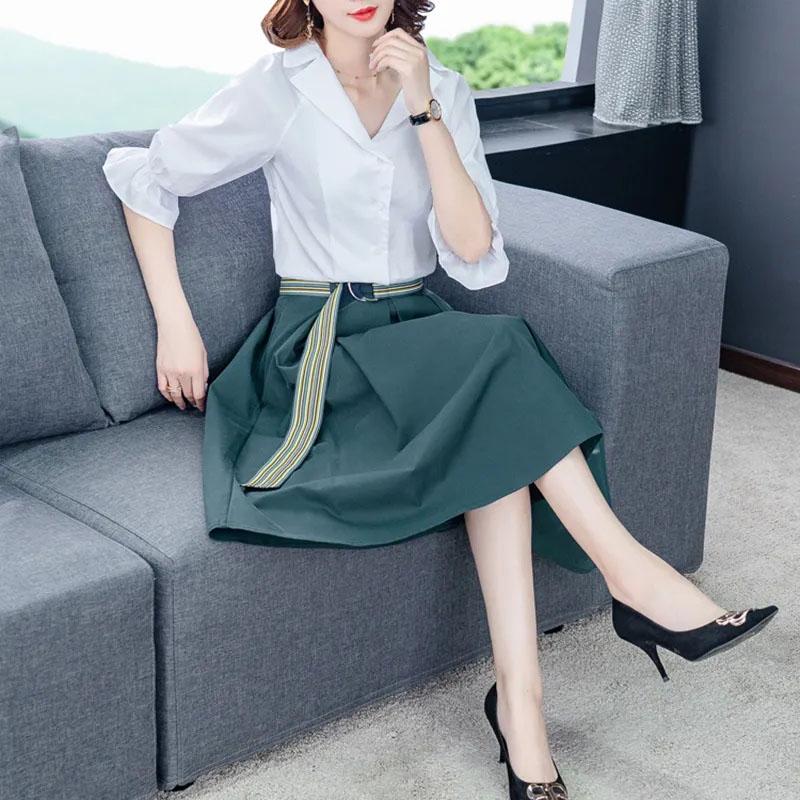 Cotton Shirt Skirt Suit Summer Simple Sweet Two-piece Set V-neck Lotus Leaf Sleeve Top Large Hem A-line Skirt Casual Skirt Suit Large Size