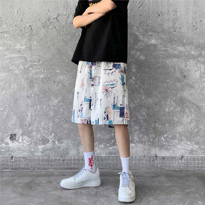 Summer Loose Flower Shorts Large Size Tide Brand Quick-drying Outer Wear Ice Silk Beach Five-point Pants