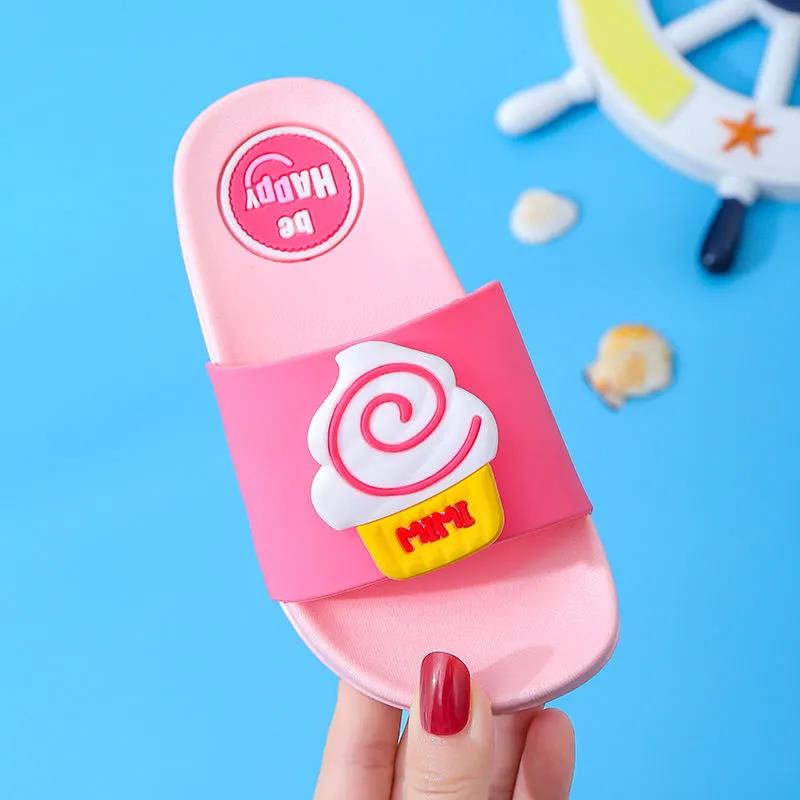 Kid's Summer Slippers Boys Girls Soft Sole Anti-slip Casual Slippers Indoor Bathroom Cartoon Ice Cream Flat Slippers