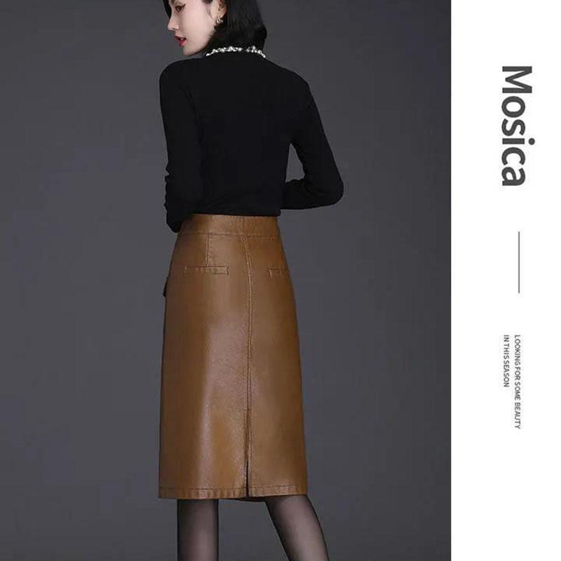 Female Autumn  Winter Leather Skirt High Waist Slim Wrap Skirt PU Leather Knee-length Bodycon Pencil Skirt