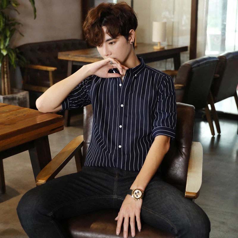 Spring and Summer Men's Mid-sleeve Striped Shirt Young Men's Summer Half-sleeve Casual Shirt