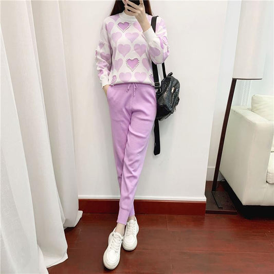 2pcs/set Love Printed Knitted 2 Peice Set Women  Beading Sweater Female Tops+pants 2piece Set  Casual Tracksuit