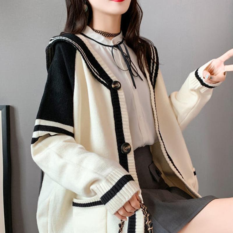 Autumn Winter Navy Collar Long-sleeved Knitted Cardigan Women Loose Casual Fashion Ladies Sweater Coat College Style