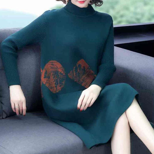Autumn and Winter Plus Size Thick Sweater Half High Neck Loose Knit Top Mid-length Middle-aged Ladies Sweater Dress
