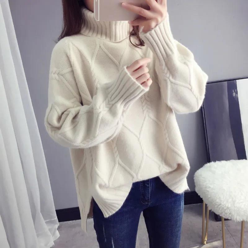 Winter Thickened Turtleneck Women's Sweater Fashion Solid Color Threaded Pullover Sweater Loose Large Size
