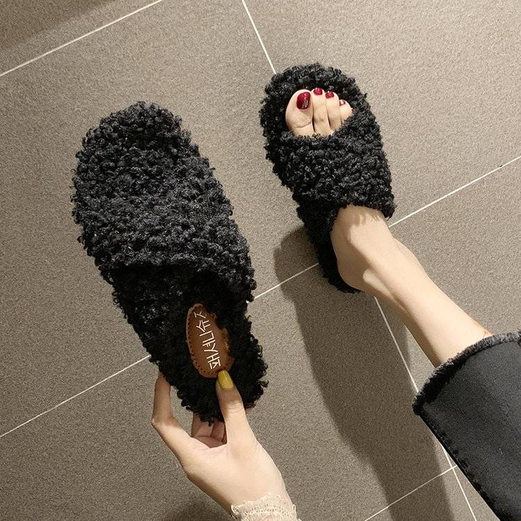 Autumn and Winter Plush Slippers Ladies Fashion All-match Flat Shoes Trend Casual