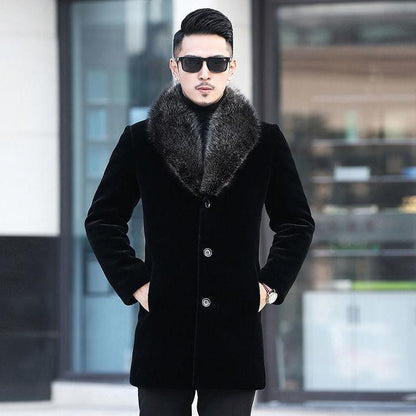 Mink Fur Coat Winter Men Mid-length Mink Fur Coat Men's Fox Fur Collar Jacket Cotton Coat