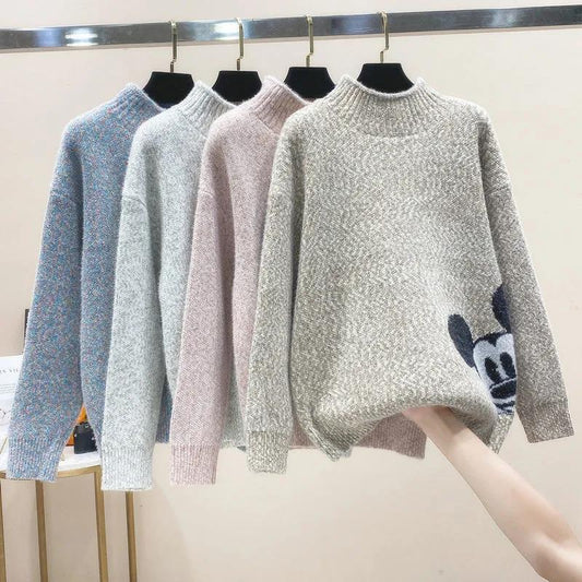 Half Turtleneck Women's Sweater Cartoon Pattern Print Sweater Korean Style Loose Plus Size Sweater