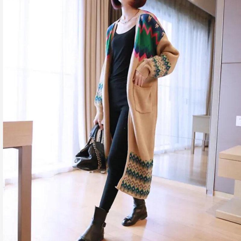 Vintage Rhombus Printed Knitted Cardigan Sweater Women Spring Autumn Oversized Knitted Jacket Loose Long Knitwear Outer Wear
