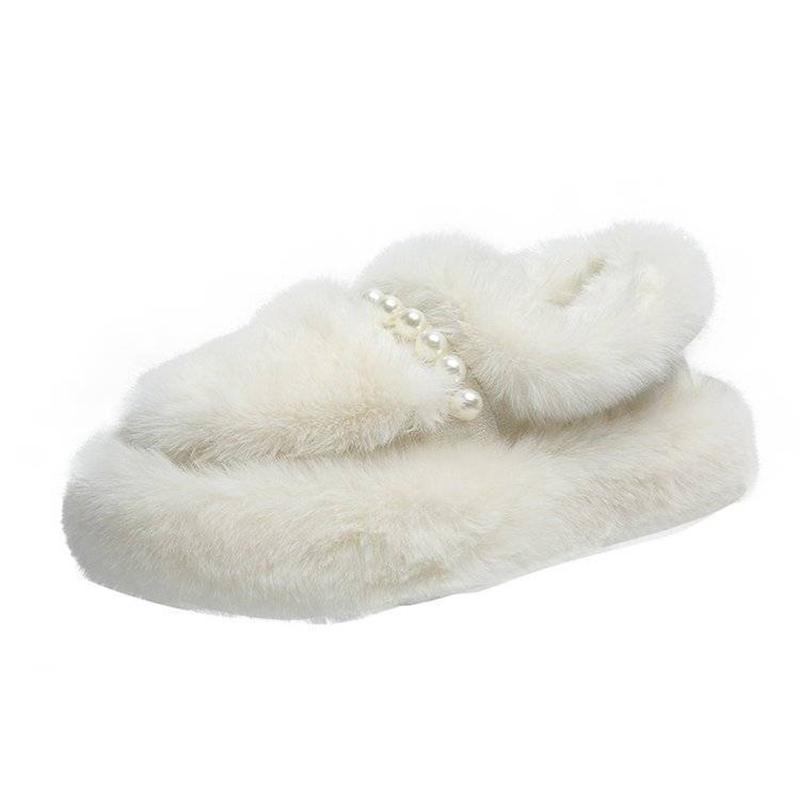 Hairy Pearl Casual Flat Shoes Shoes Women's Outer Wear Warm Soft Cotton Shoes Casual Peas Shoes Plus Velvet Platform Moccasin Shoes