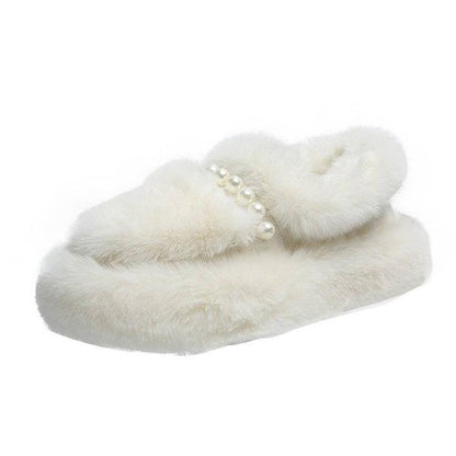 Hairy Pearl Casual Flat Shoes Shoes Women's Outer Wear Warm Soft Cotton Shoes Casual Peas Shoes Plus Velvet Platform Moccasin Shoes