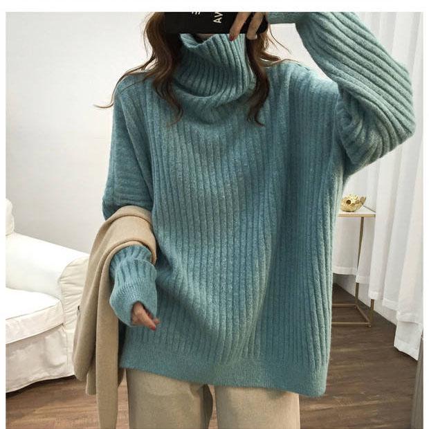 Solid Color Turtleneck Long-sleeved Sweater Women's Loose Vertical Stripes Knitted Sweater
