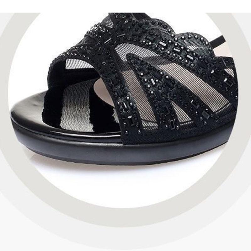 Leather Mesh Sandals Women's Spring and Summer New Hollow One-word Buckle Fish Mouth Wedge Mother Shoes Ladies Sandals