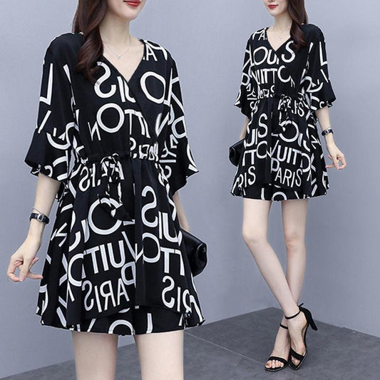 Suit Dress Shorts Suit Female Slim Chiffon Shorts Two-piece V-neck Top Loose Covering Belly and Waist Slimming Ladies Temperament Skirt