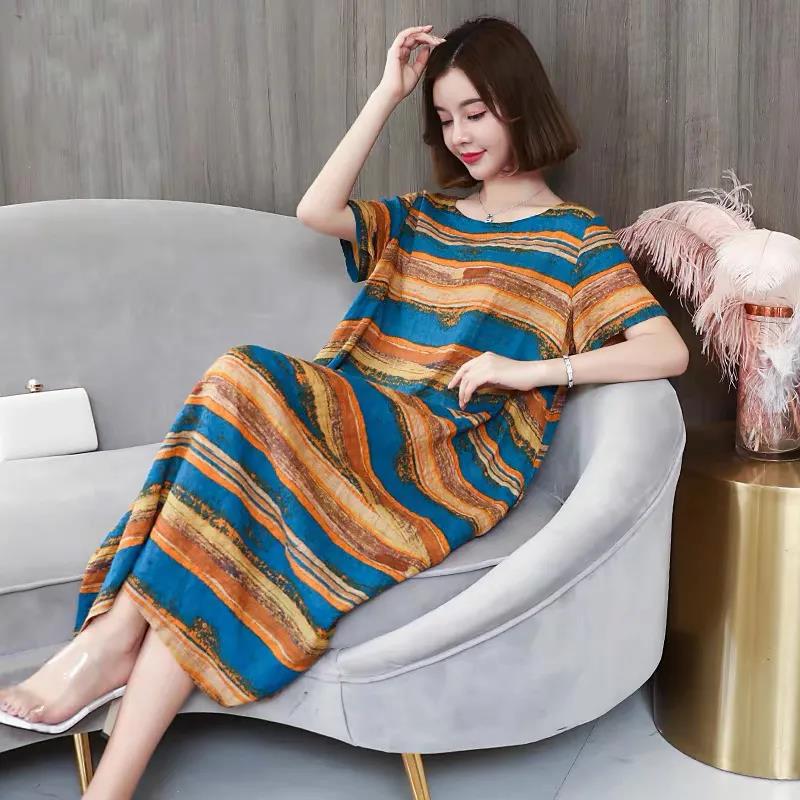 Women's Dress Loose Large Size Fat MM Dress Covering Belly Was Thin Striped Mid-length Skirt O-neck Short-sleeved Long Casual Loose Dress