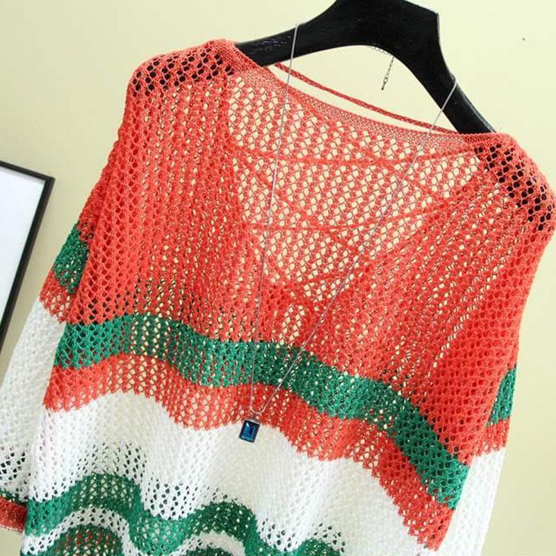Loose Ice Silk Sunscreen Tops Thin Hollow Knitted Blouses Women's Casual Tops Personality Hollow Color Matching Sweet Pullovers
